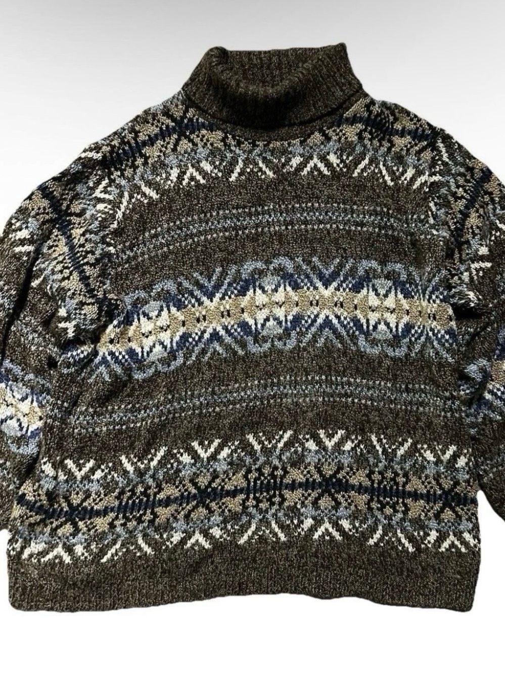 Vintage Women’s Fashion Bug Turtleneck Brown Sweater Geometric Pattern Size XL